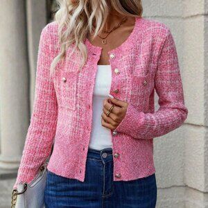 Hot Pink Elegant Women's Button Decor Casual Cardigan
